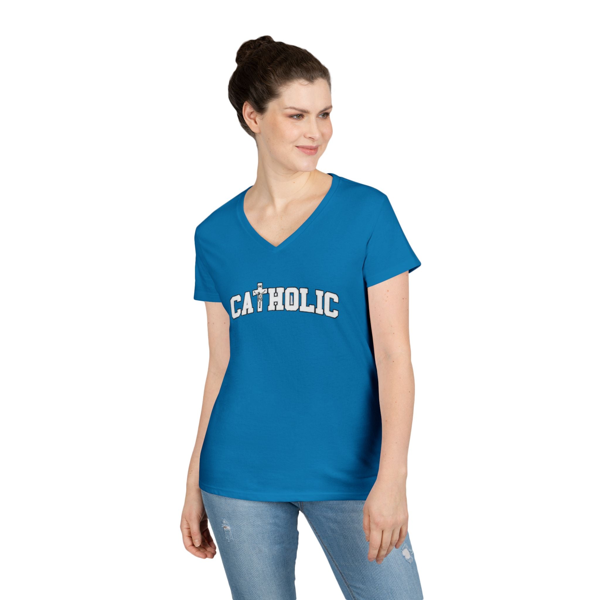 Catholic Crucifix V-Neck T-Shirt — Faith-Based Religious Christian Tee