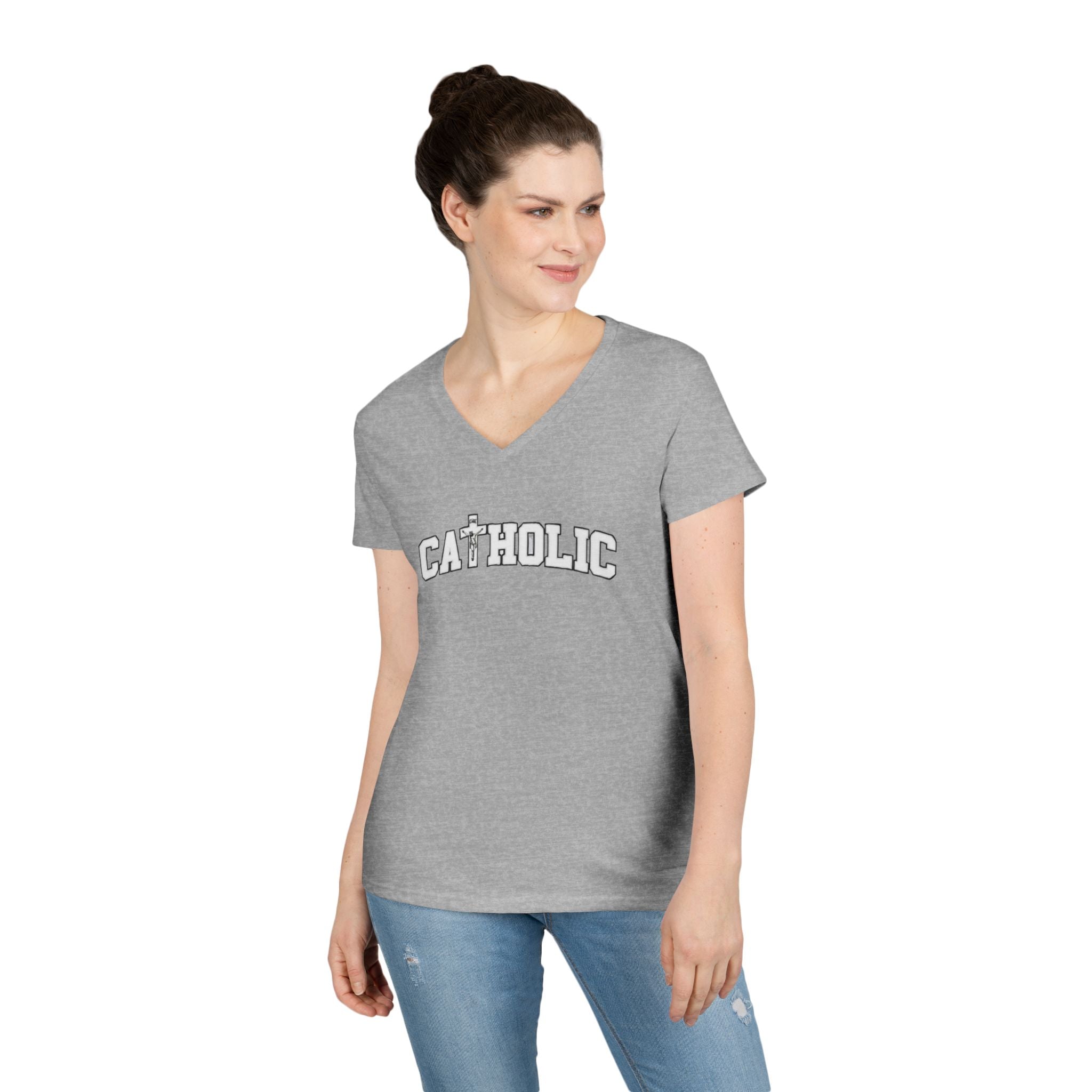 Catholic Crucifix V-Neck T-Shirt — Faith-Based Religious Christian Tee