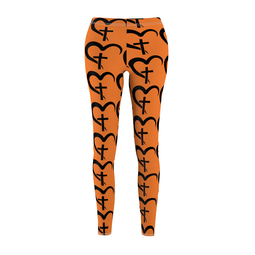Orange Heart Cross Christian Leggings — Women's Faith Prayer Leggings