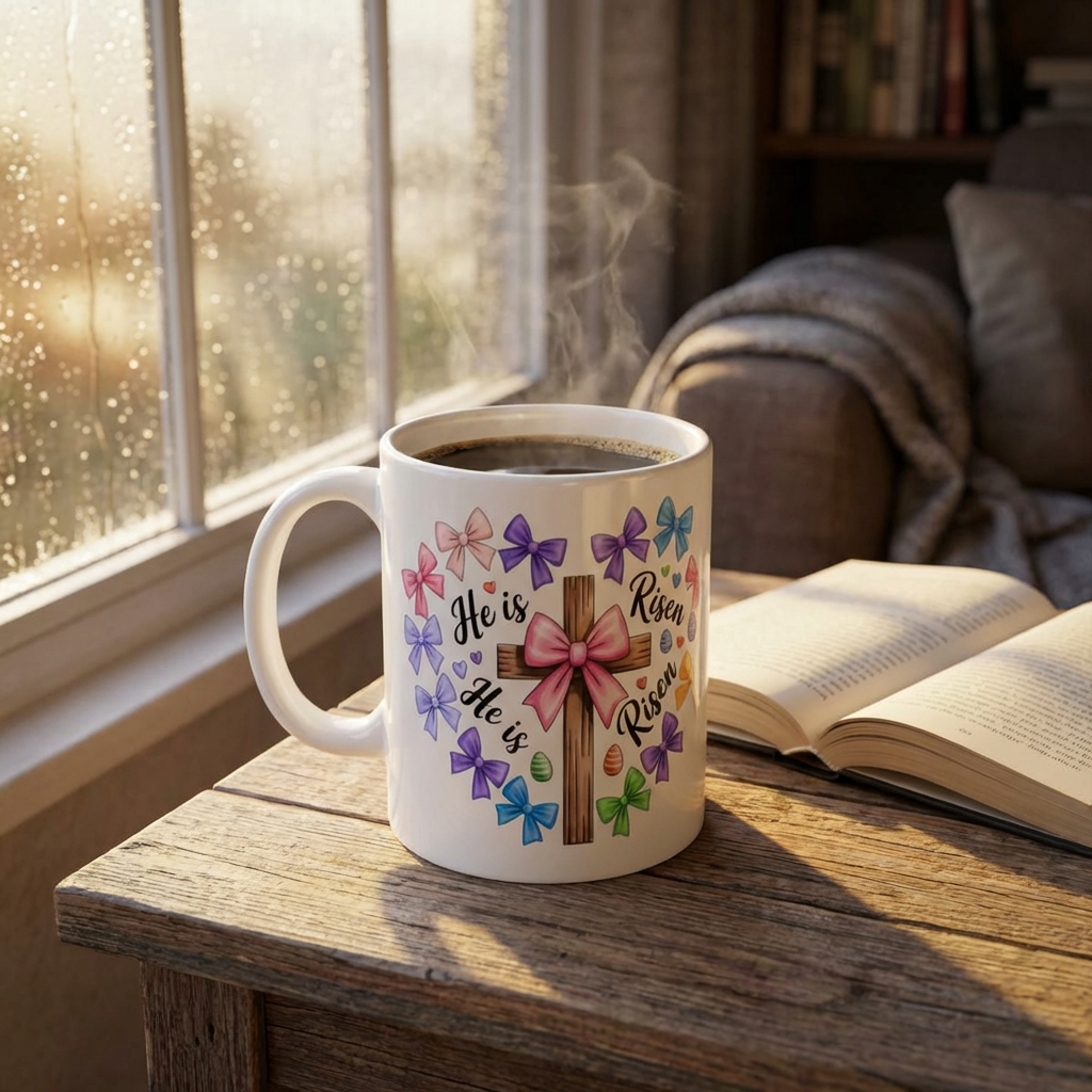 He Is Risen Ceramic Mug — Easter Christian Coffee Cup (11oz, 15oz)