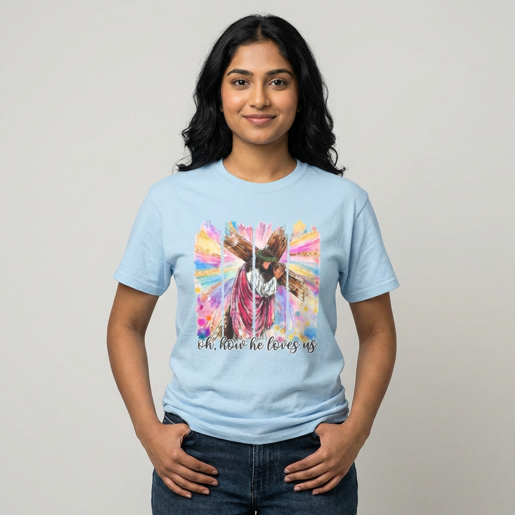 Oh, How He Loves Us Christian Easter T-Shirt — Colorful Faith Design