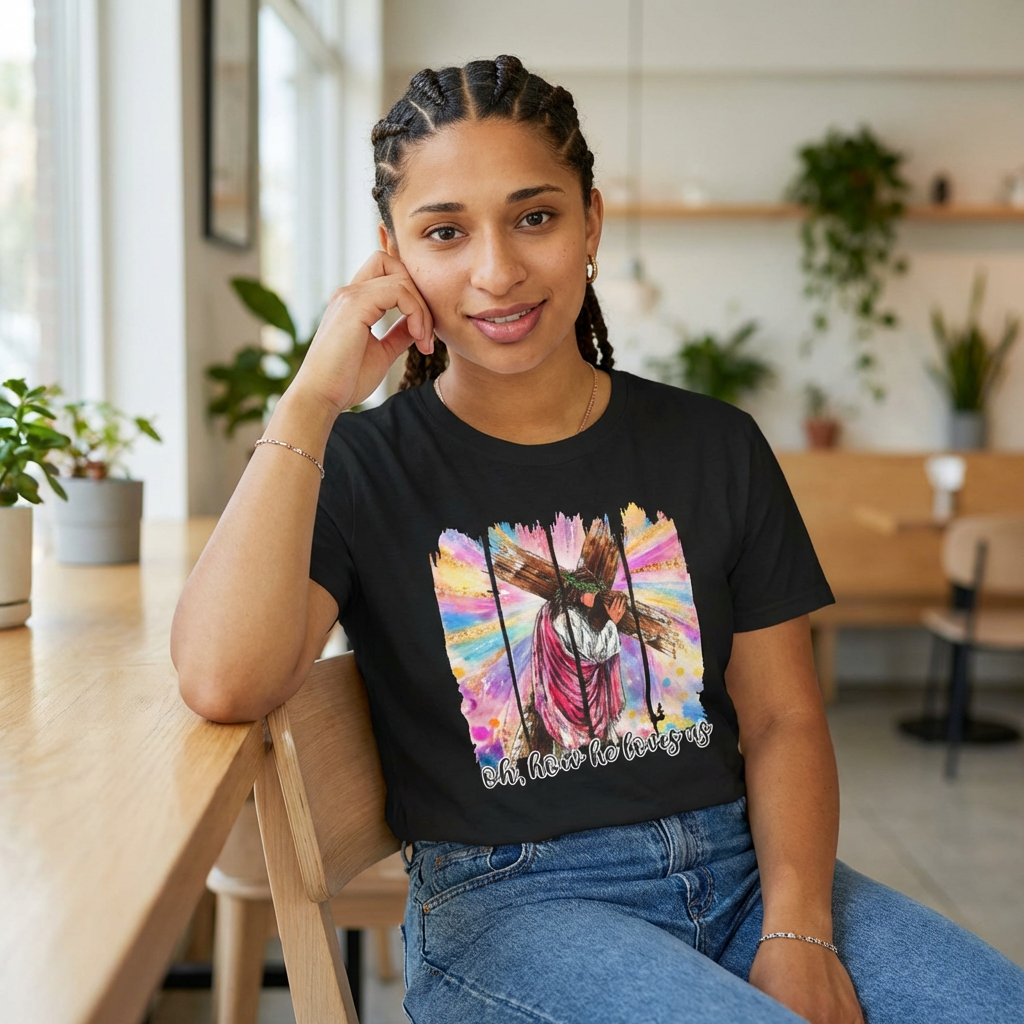 Oh, How He Loves Us Christian Easter T-Shirt — Colorful Faith Design