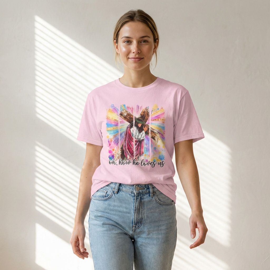 Oh, How He Loves Us Christian Easter T-Shirt — Colorful Faith Design
