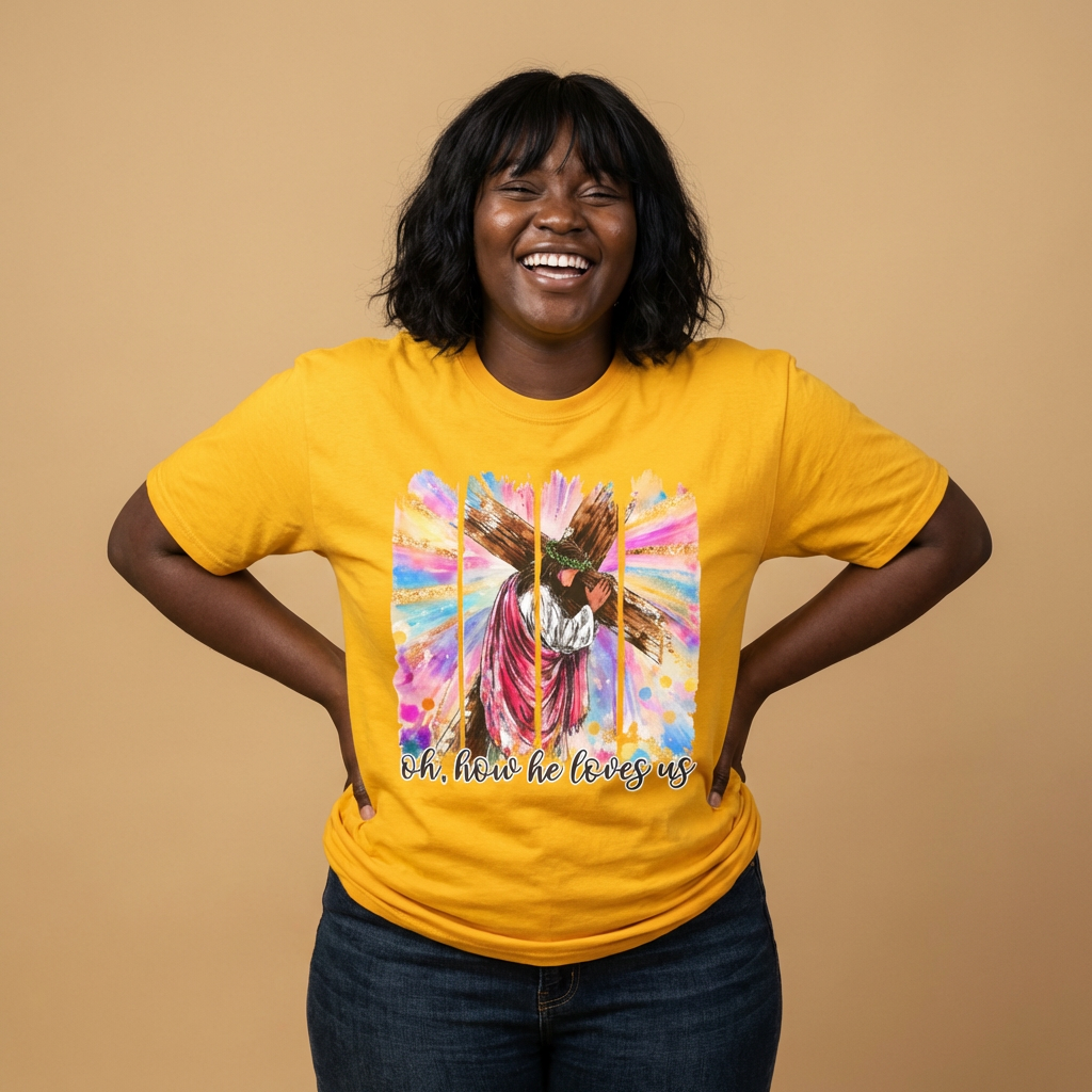 Oh, How He Loves Us Christian Easter T-Shirt — Colorful Faith Design