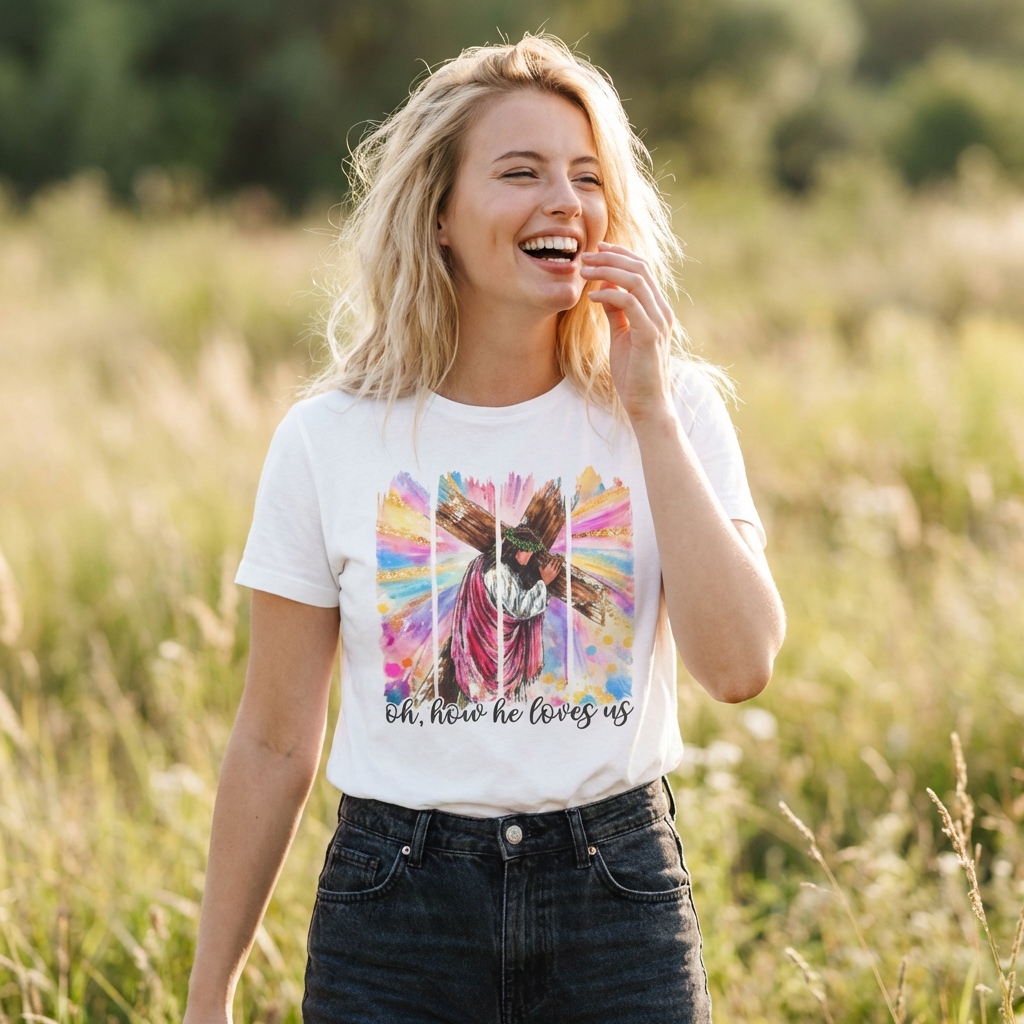Oh, How He Loves Us Christian Easter T-Shirt — Colorful Faith Design