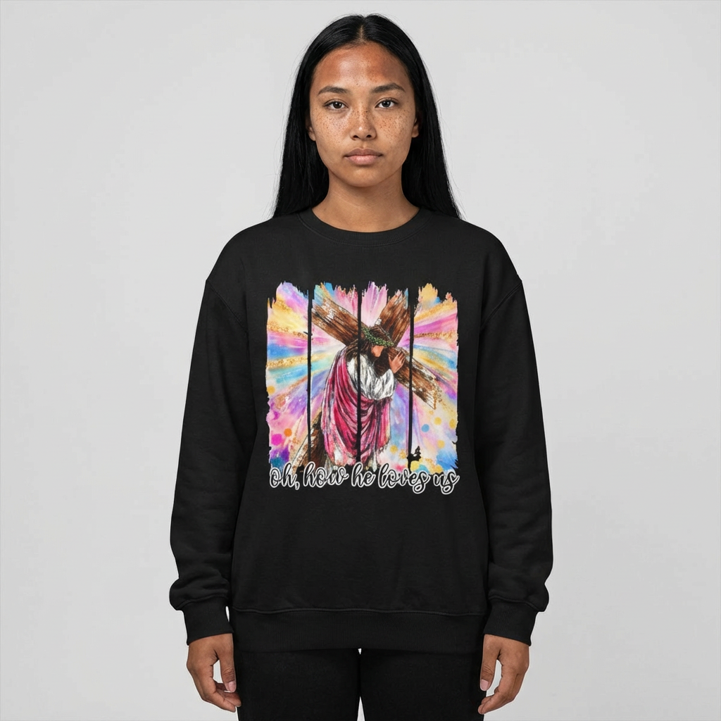 Christian Cross Sweatshirt — "Oh, How He Loves Us" Colorful Easter Crewneck