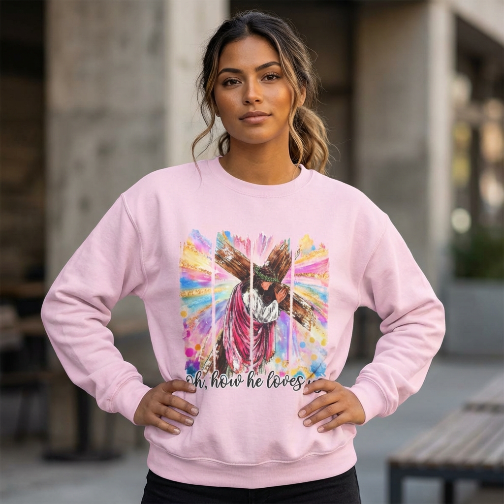 Christian Cross Sweatshirt — "Oh, How He Loves Us" Colorful Easter Crewneck