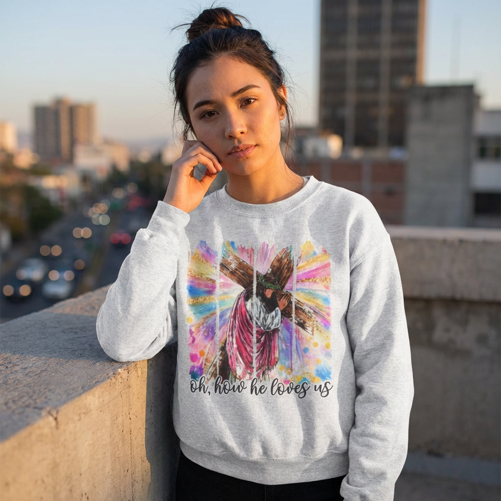 Christian Cross Sweatshirt — "Oh, How He Loves Us" Colorful Easter Crewneck