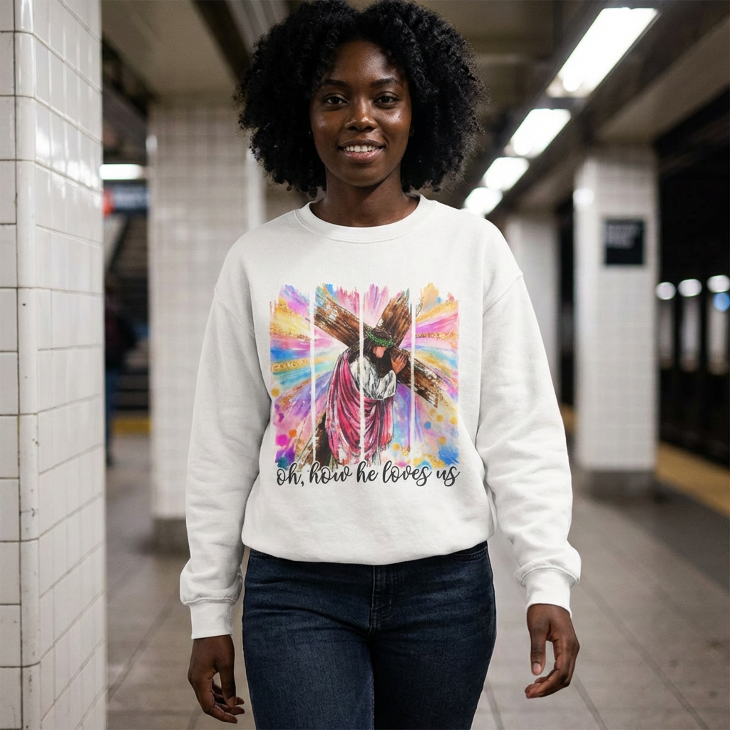 Christian Cross Sweatshirt — "Oh, How He Loves Us" Colorful Easter Crewneck