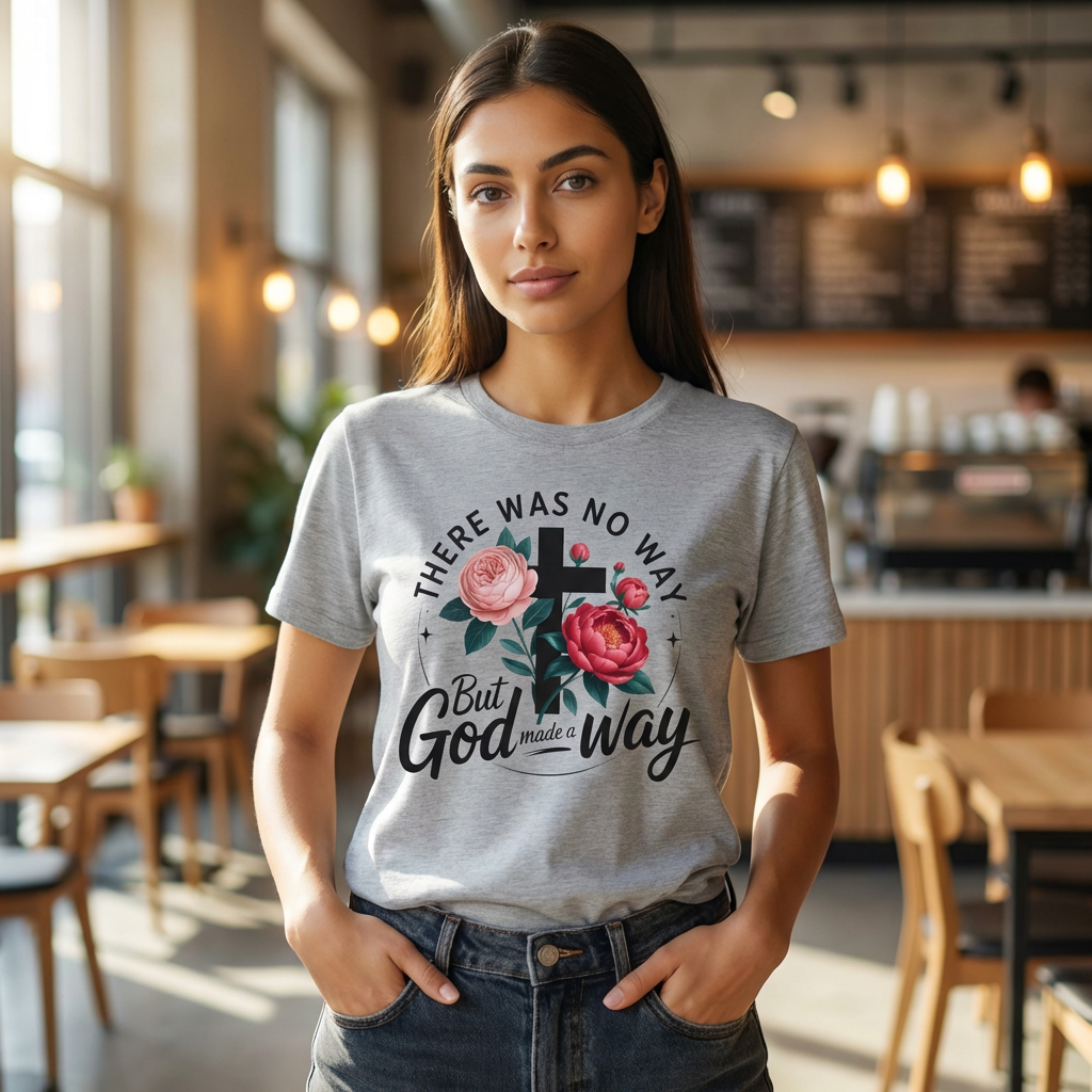 There Was No Way But God Made A Way — Floral Cross Christian T‑Shirt