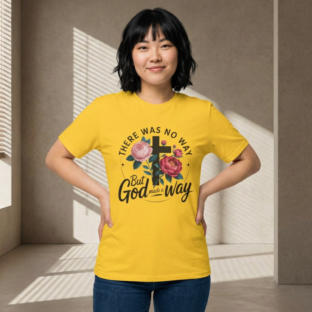 There Was No Way But God Made A Way — Floral Cross Christian T‑Shirt