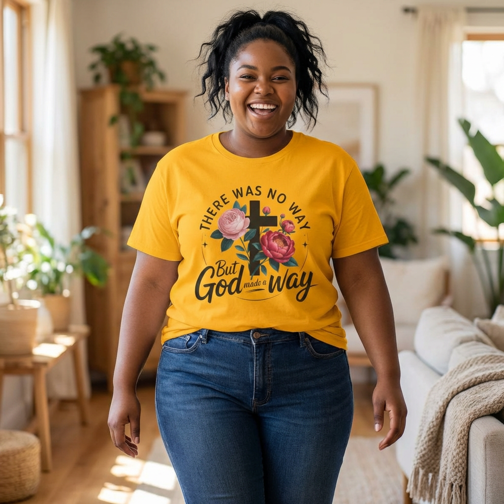 There Was No Way But God Made A Way — Floral Cross Christian T‑Shirt