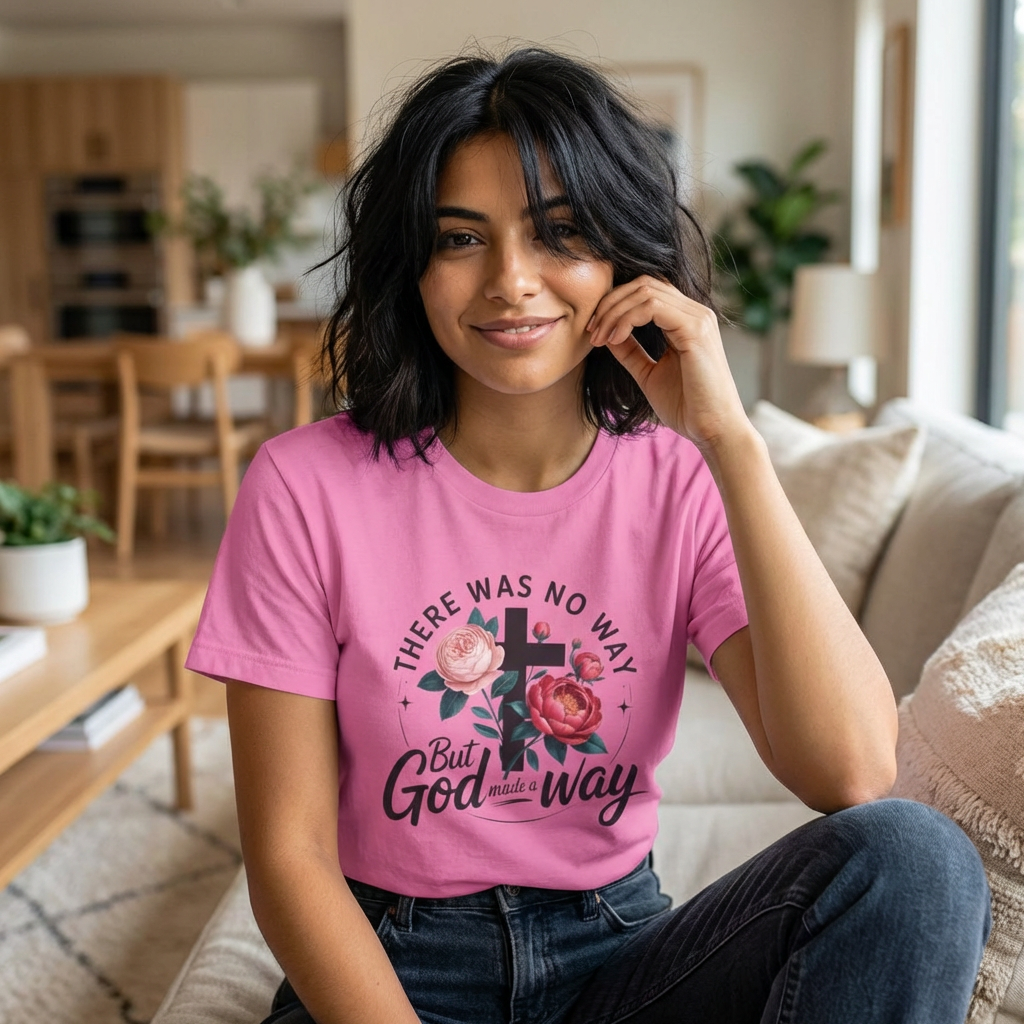 There Was No Way But God Made A Way — Floral Cross Christian T‑Shirt
