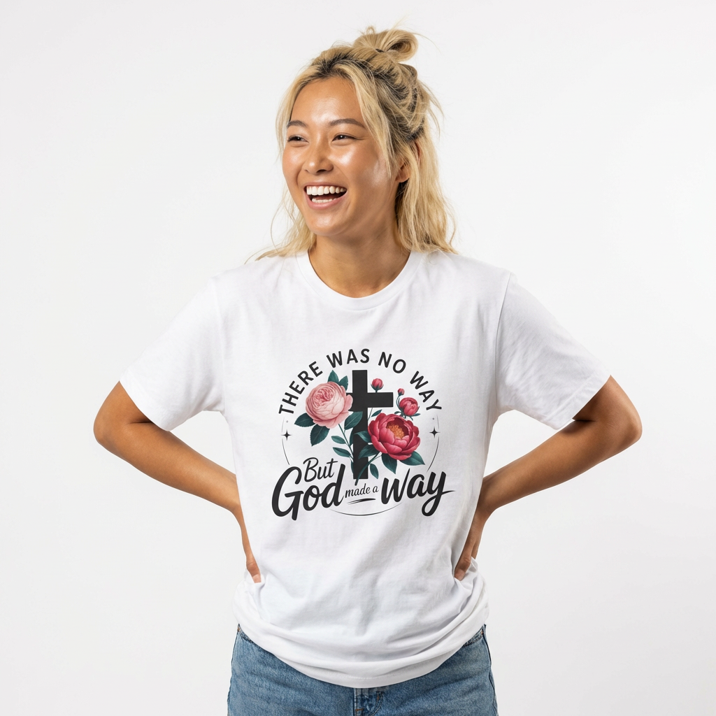 There Was No Way But God Made A Way — Floral Cross Christian T‑Shirt