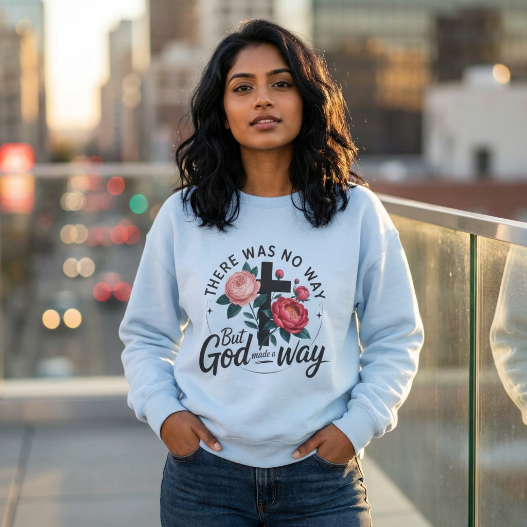There Was No Way But God Made a Way — Floral Cross Christian Sweatshirt