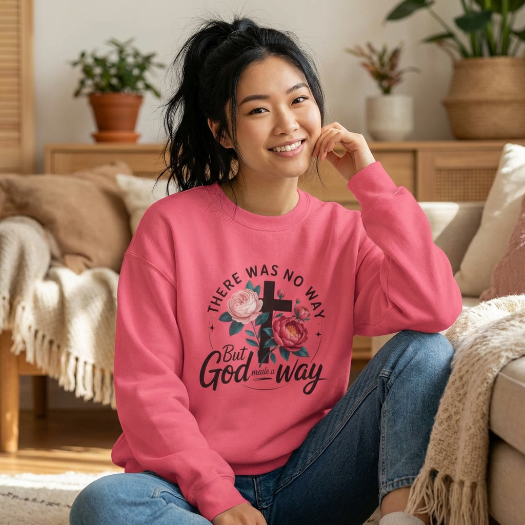 There Was No Way But God Made a Way — Floral Cross Christian Sweatshirt