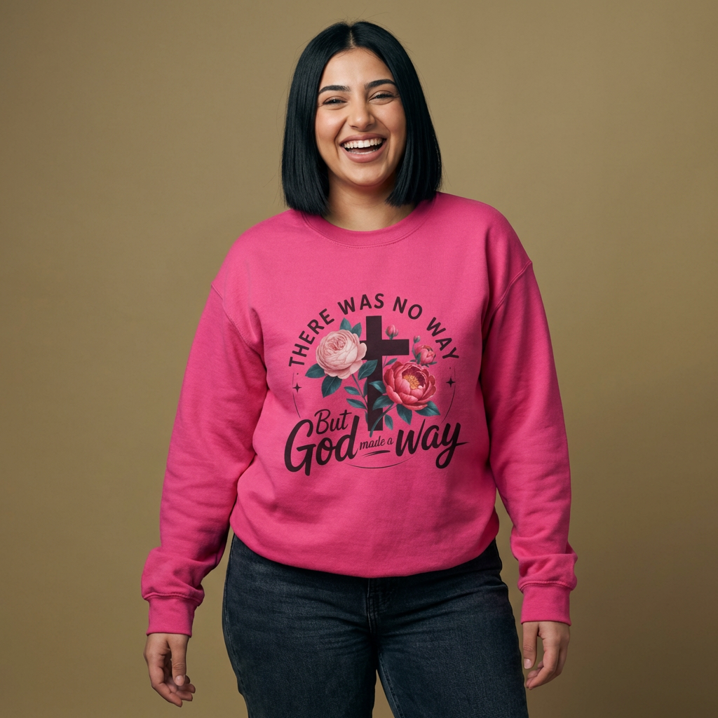There Was No Way But God Made a Way — Floral Cross Christian Sweatshirt