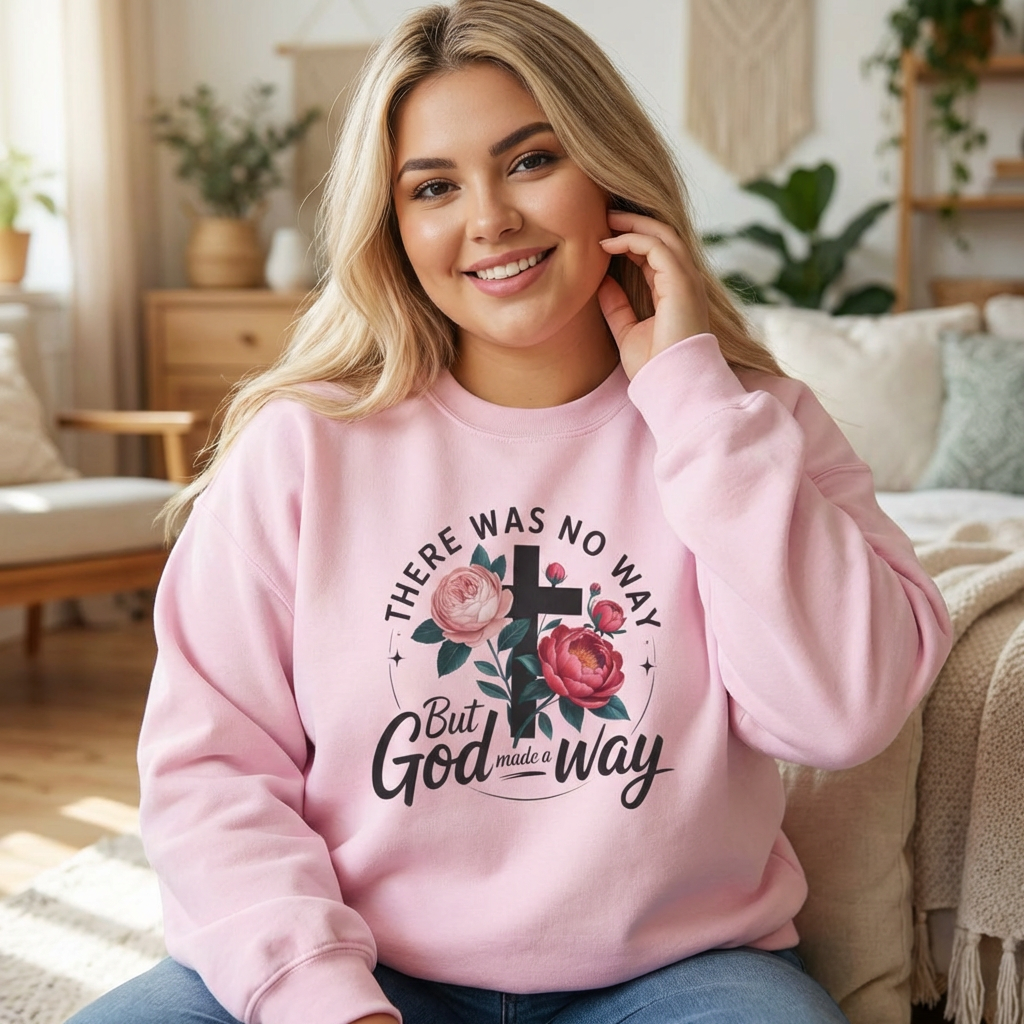 There Was No Way But God Made a Way — Floral Cross Christian Sweatshirt
