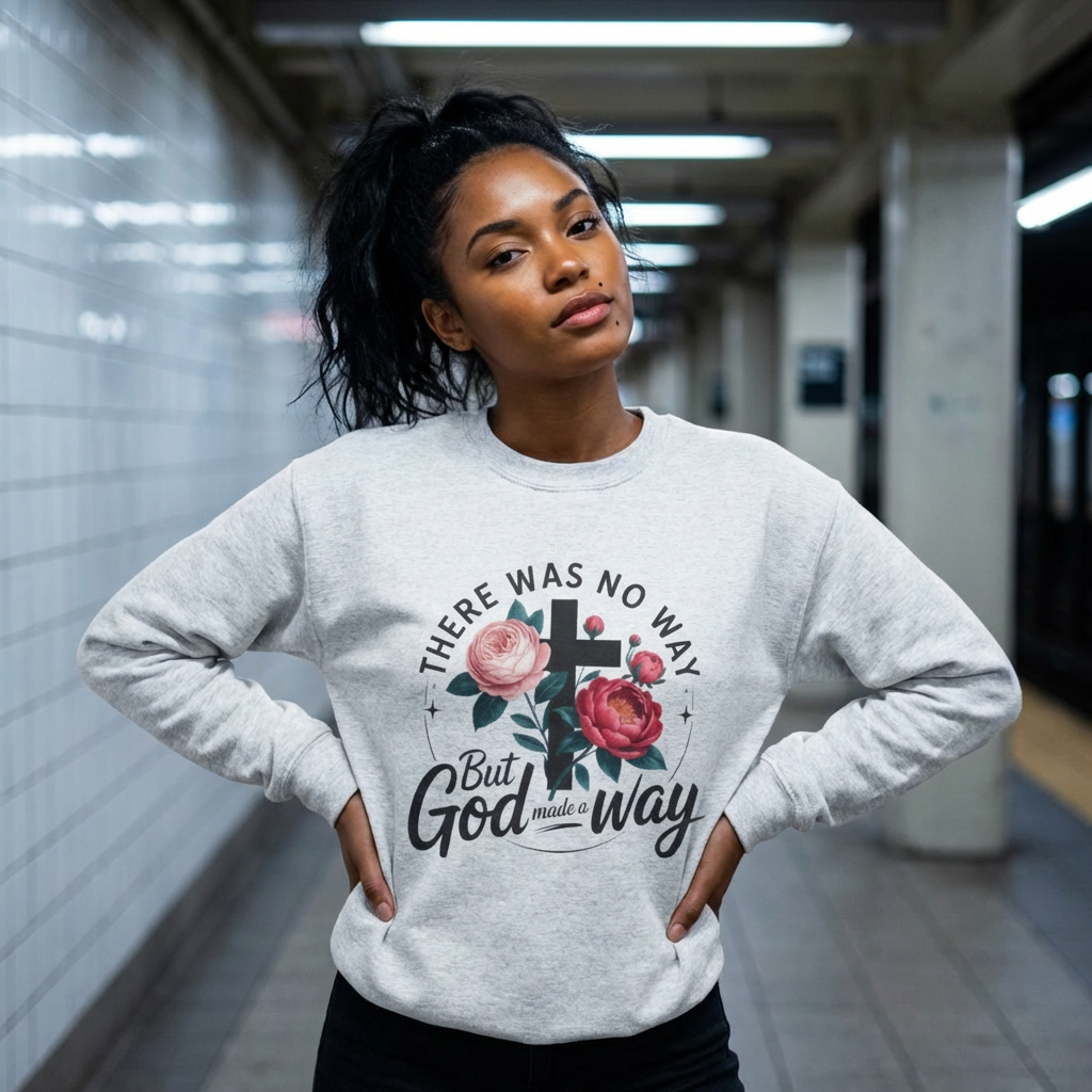 There Was No Way But God Made a Way — Floral Cross Christian Sweatshirt
