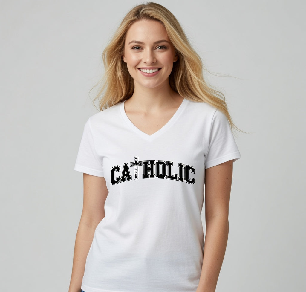 Catholic V-Neck Tee — Women's Faith Graphic T-Shirt