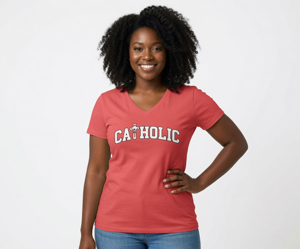 Catholic V-Neck Tee — Women's Faith Graphic T-Shirt