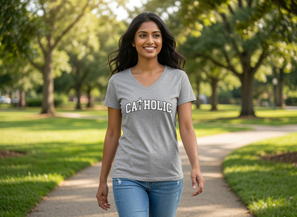 Catholic V-Neck Tee — Women's Faith Graphic T-Shirt