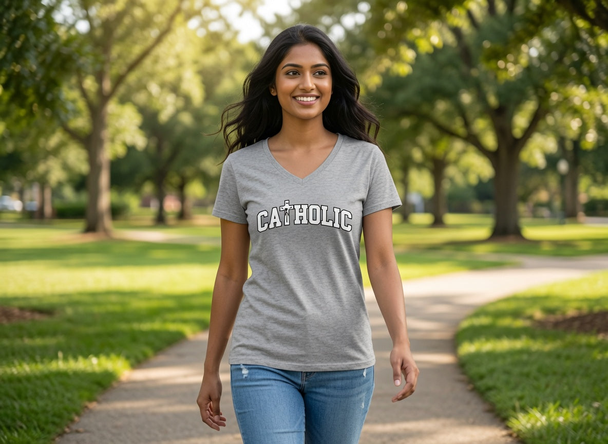 Catholic V-Neck Tee — Women's Faith Graphic T-Shirt