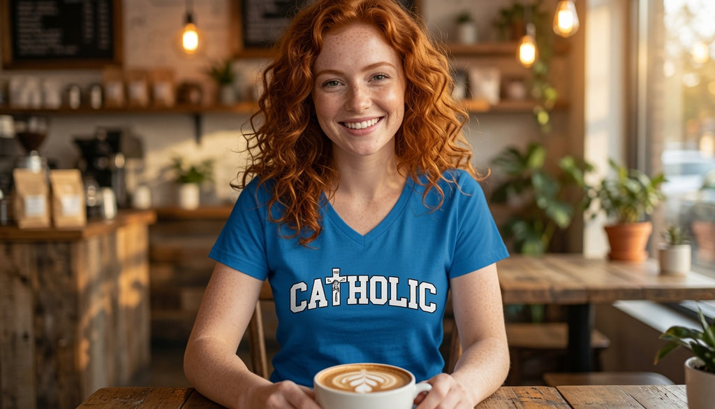 Catholic V-Neck Tee — Women's Faith Graphic T-Shirt