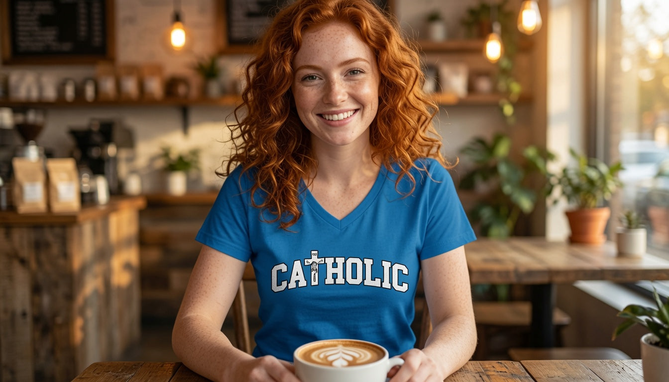 Catholic V-Neck Tee — Women's Faith Graphic T-Shirt