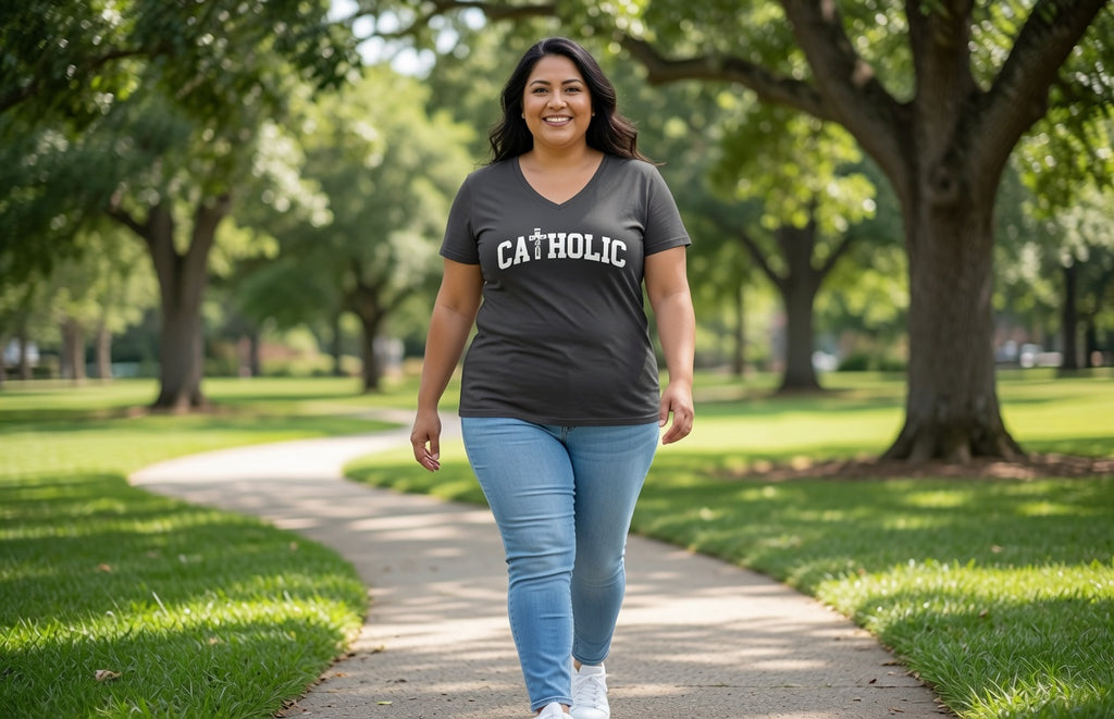 Catholic V-Neck Tee — Women's Faith Graphic T-Shirt
