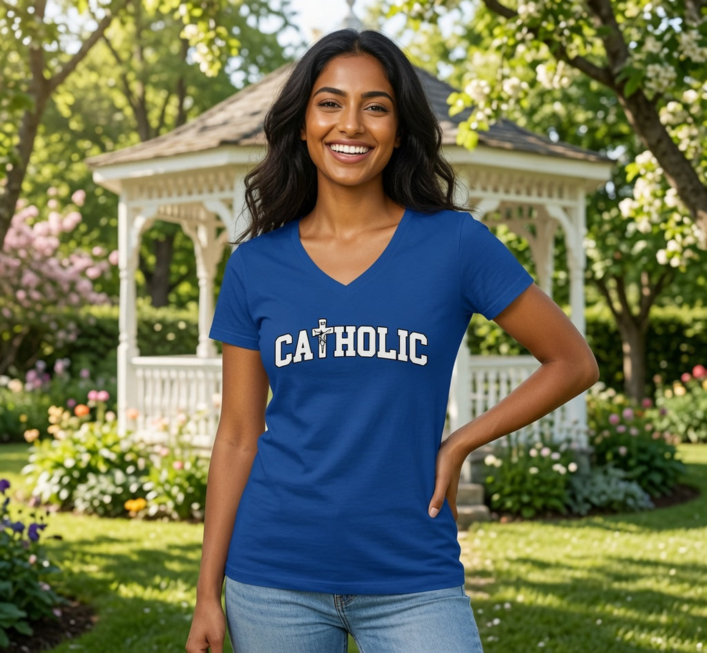 Catholic V-Neck Tee — Women's Faith Graphic T-Shirt