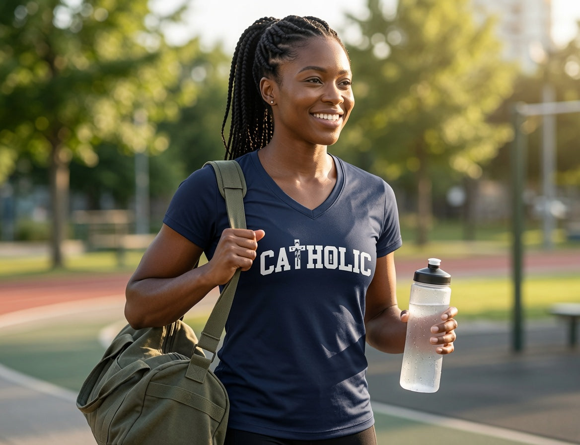 Catholic V-Neck Tee — Women's Faith Graphic T-Shirt
