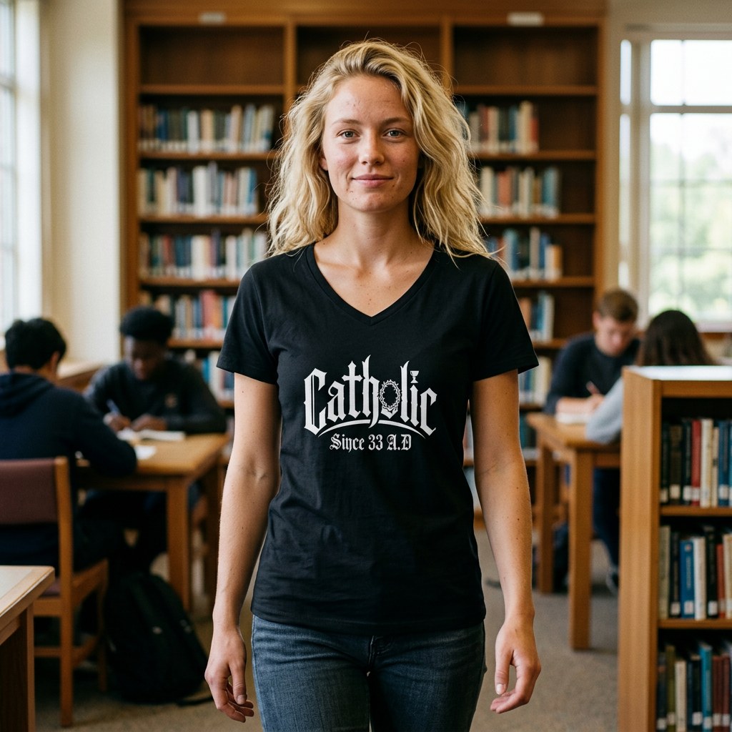 Catholic V-Neck Tee - "Catholic Since 33 AD" Women's Faith Shirt