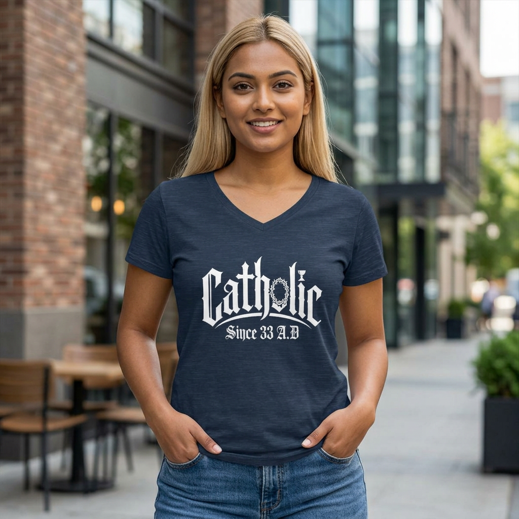 Catholic V-Neck Tee - "Catholic Since 33 AD" Women's Faith Shirt