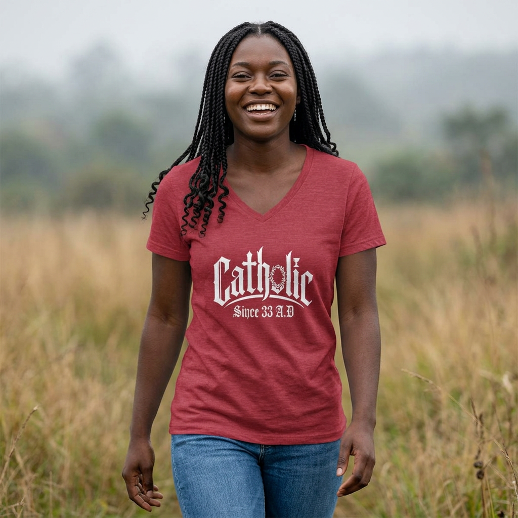 Catholic V-Neck Tee - "Catholic Since 33 AD" Women's Faith Shirt