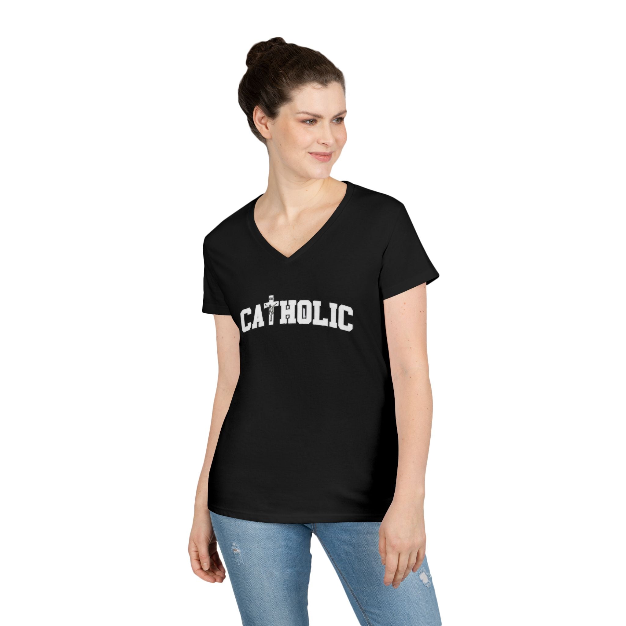 Catholic Crucifix V-Neck T-Shirt — Faith-Based Religious Christian Tee