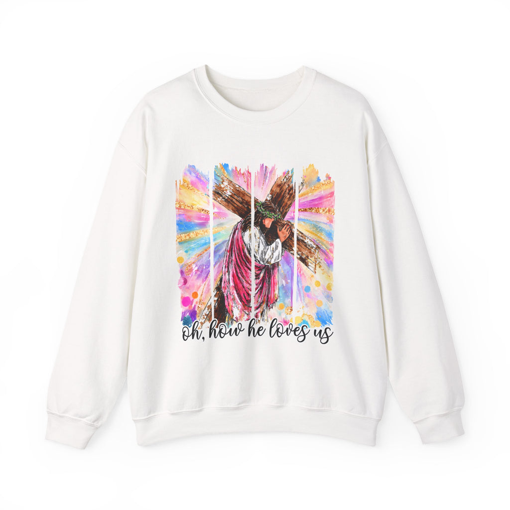 Christian Cross Sweatshirt — "Oh, How He Loves Us" Colorful Easter Crewneck