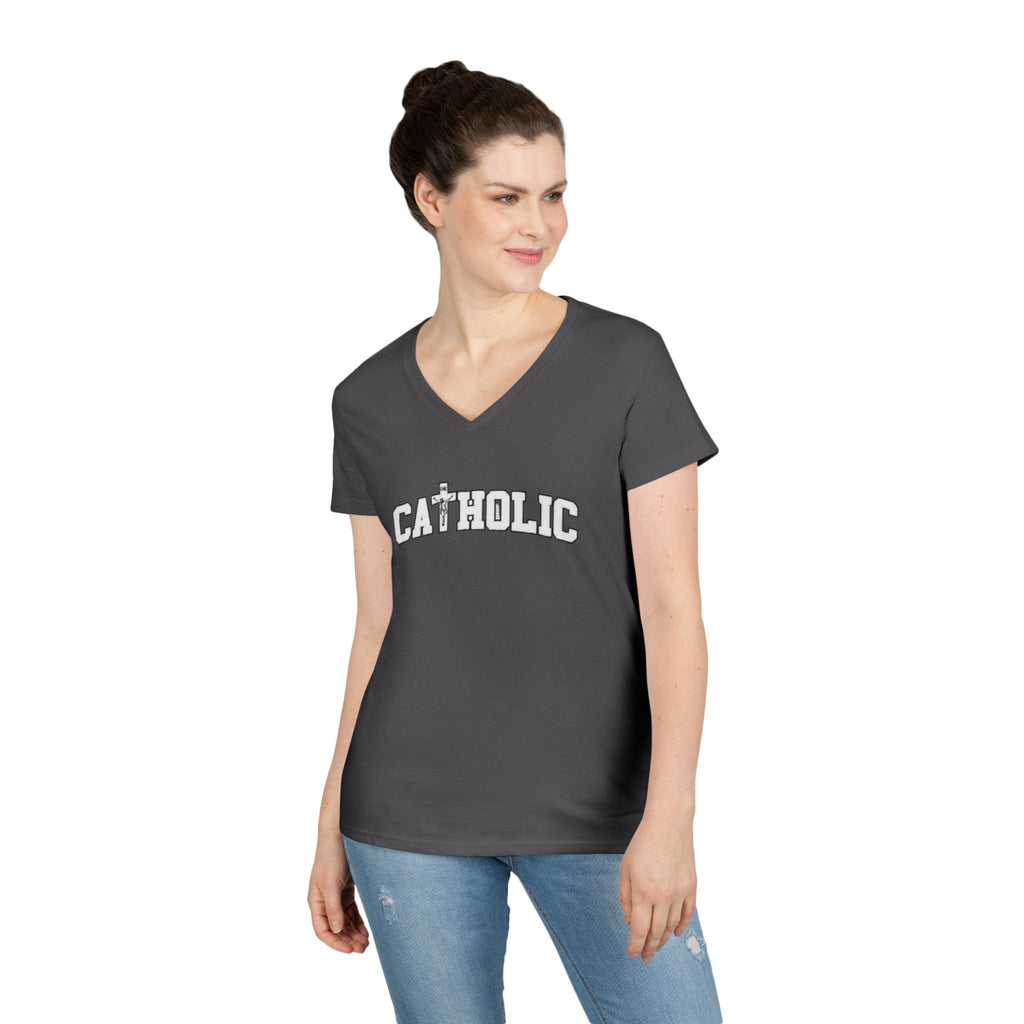 Catholic Crucifix V-Neck T-Shirt — Faith-Based Religious Christian Tee