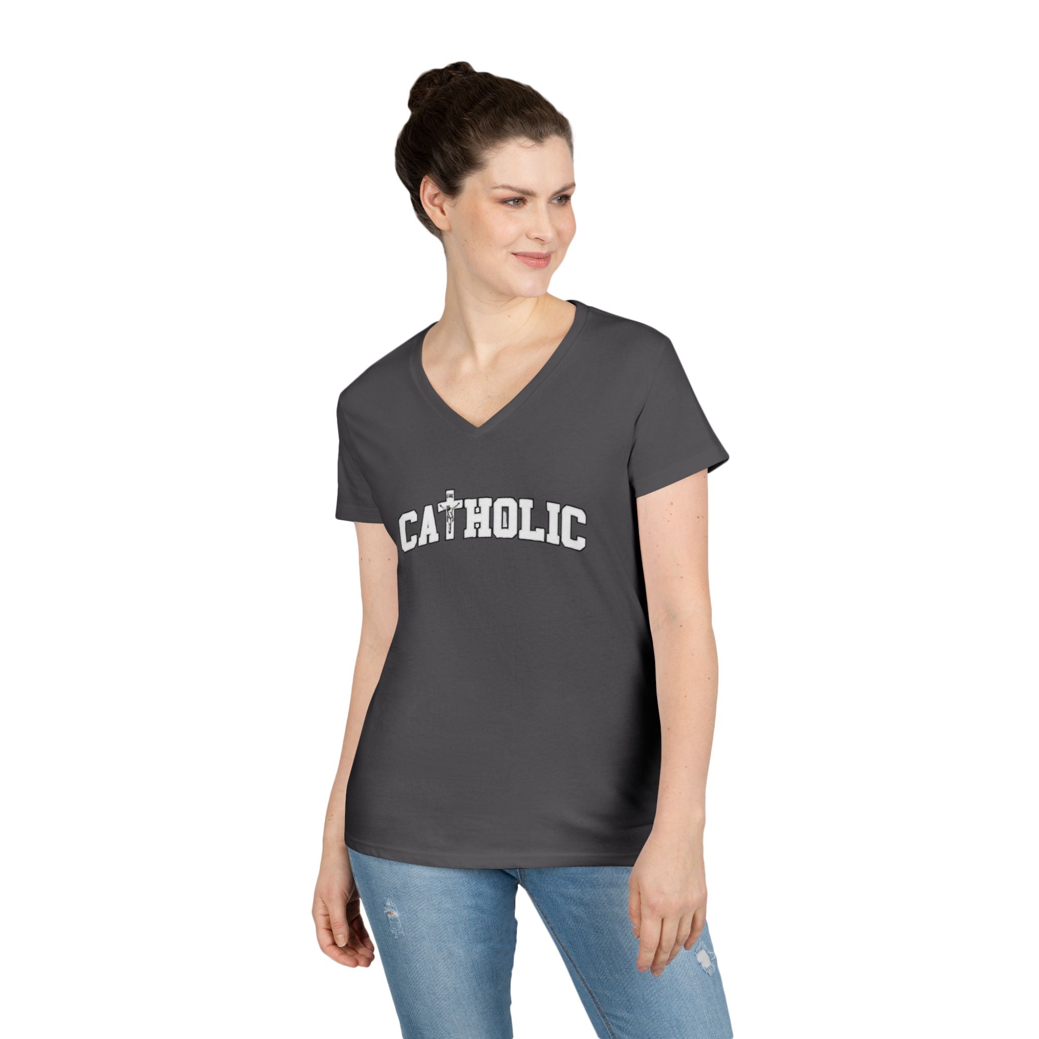 Catholic Crucifix V-Neck T-Shirt — Faith-Based Religious Christian Tee
