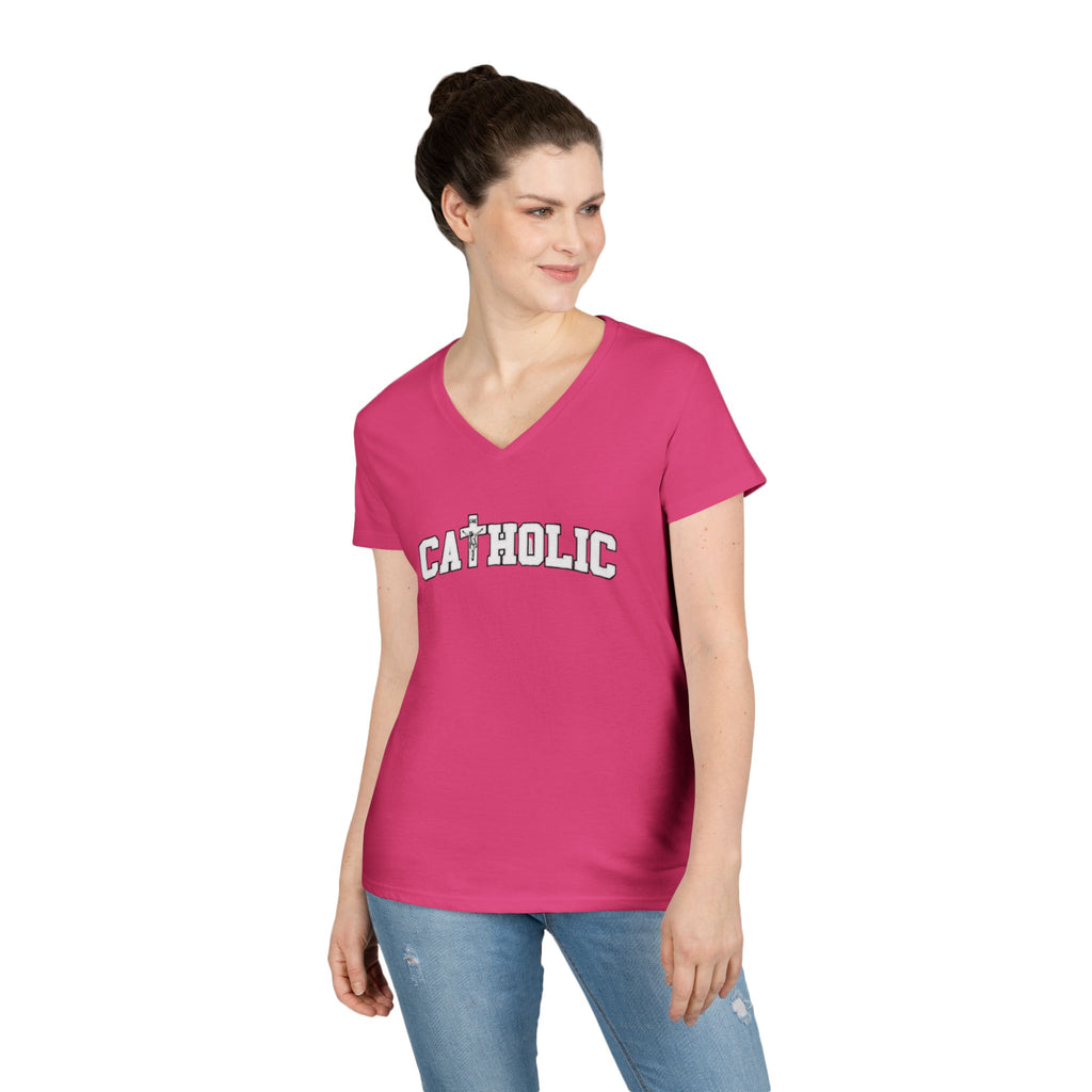 Catholic Crucifix V-Neck T-Shirt — Faith-Based Religious Christian Tee