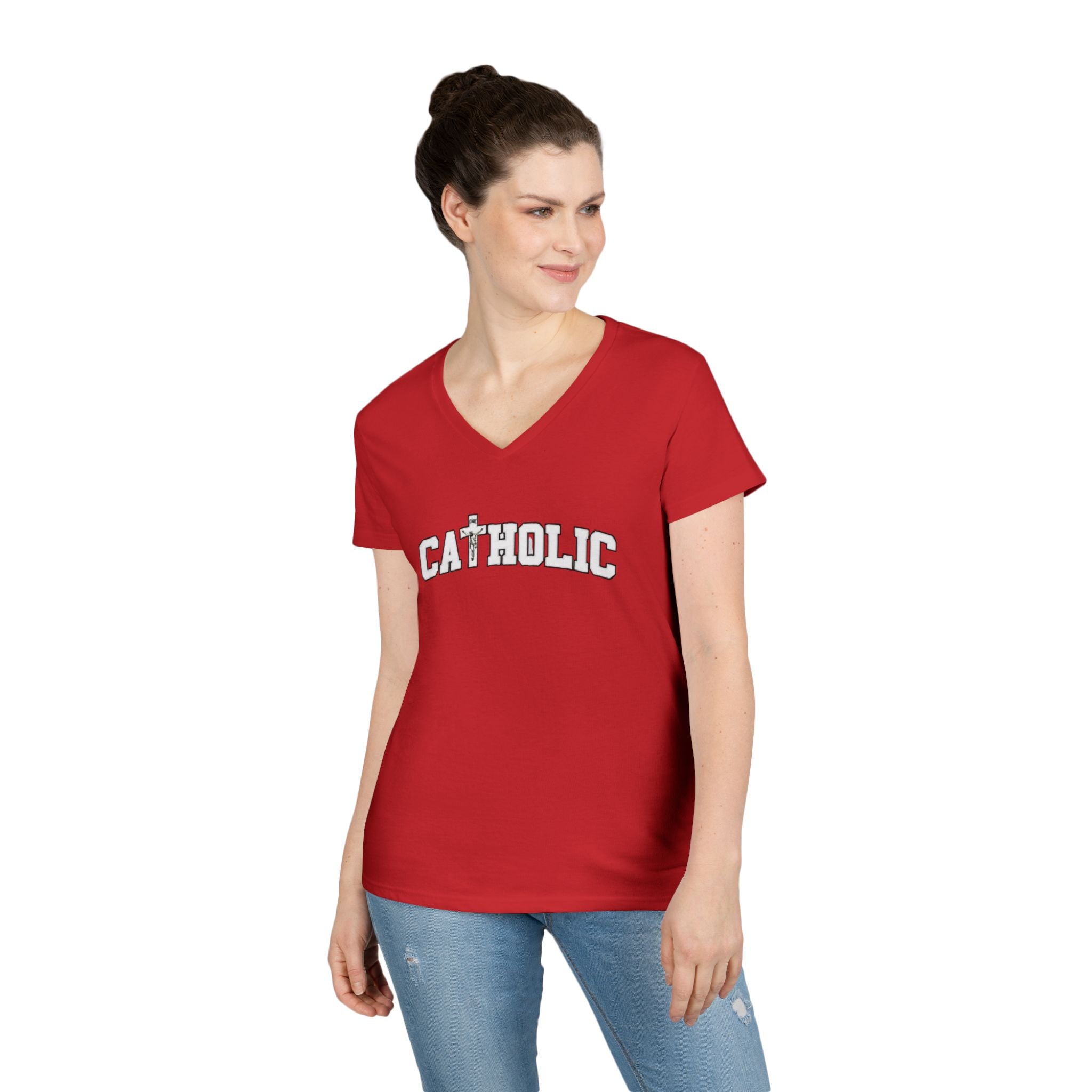 Catholic Crucifix V-Neck T-Shirt — Faith-Based Religious Christian Tee