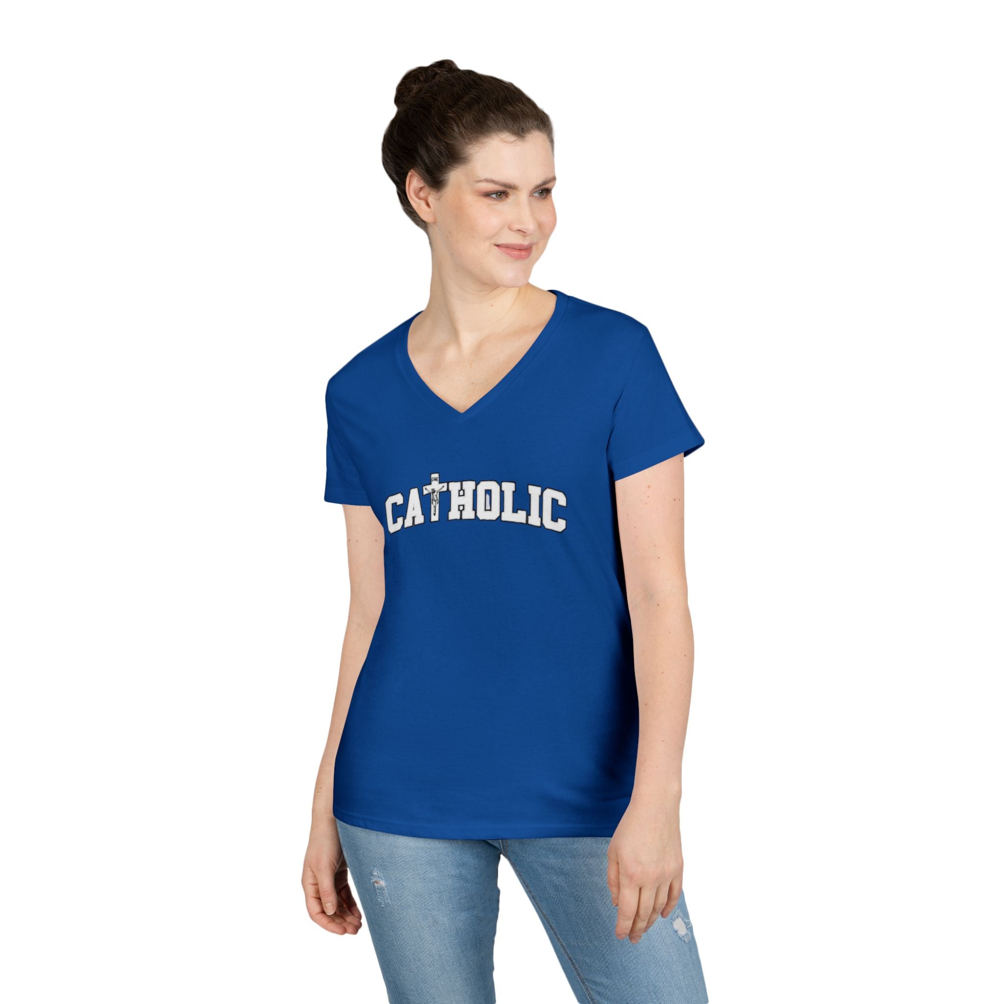 Catholic Crucifix V-Neck T-Shirt — Faith-Based Religious Christian Tee