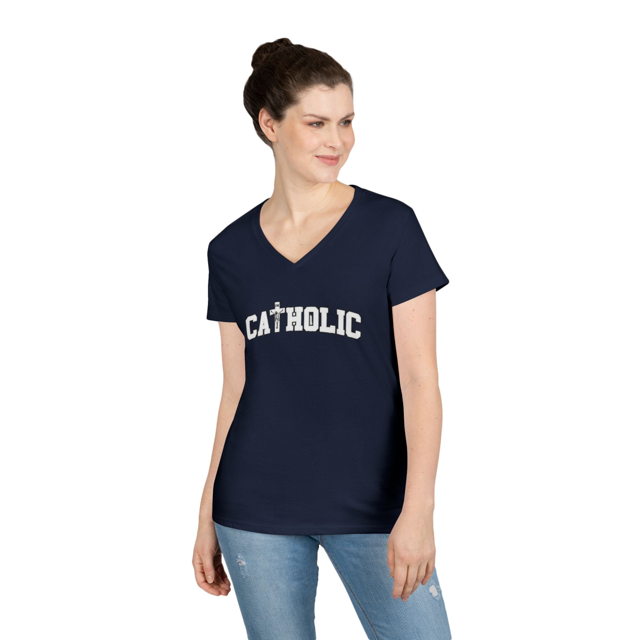 Catholic Crucifix V-Neck T-Shirt — Faith-Based Religious Christian Tee