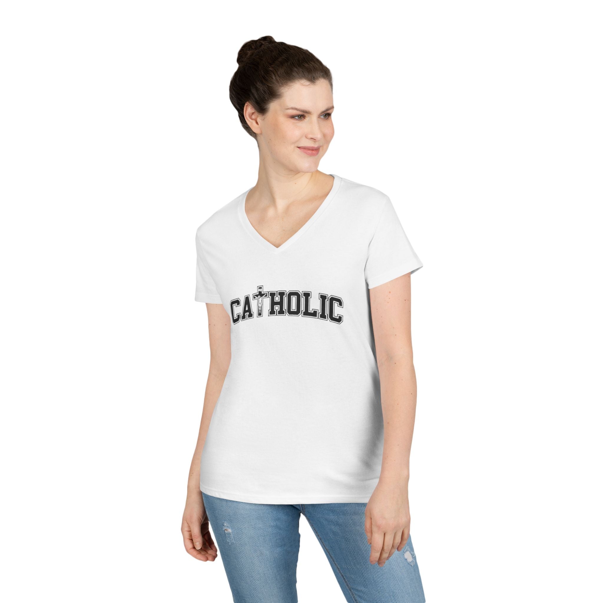 Catholic Crucifix V-Neck T-Shirt — Faith-Based Religious Christian Tee