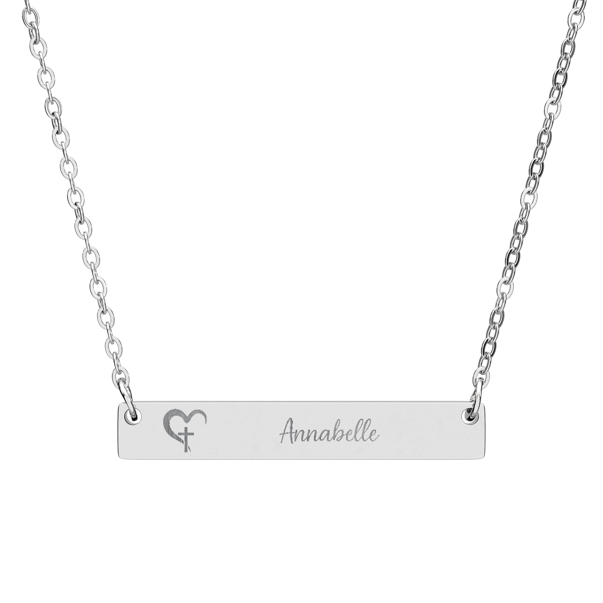 Personalized Heart Cross Necklace — Engraved Christian Horizontal Bar